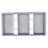 A rectangular aluminized steel tray, resembling a bread pan, is divided into three equal vertical compartments by metal dividers. Viewed from above, its smooth, clean surfaces and straight edges stand out.