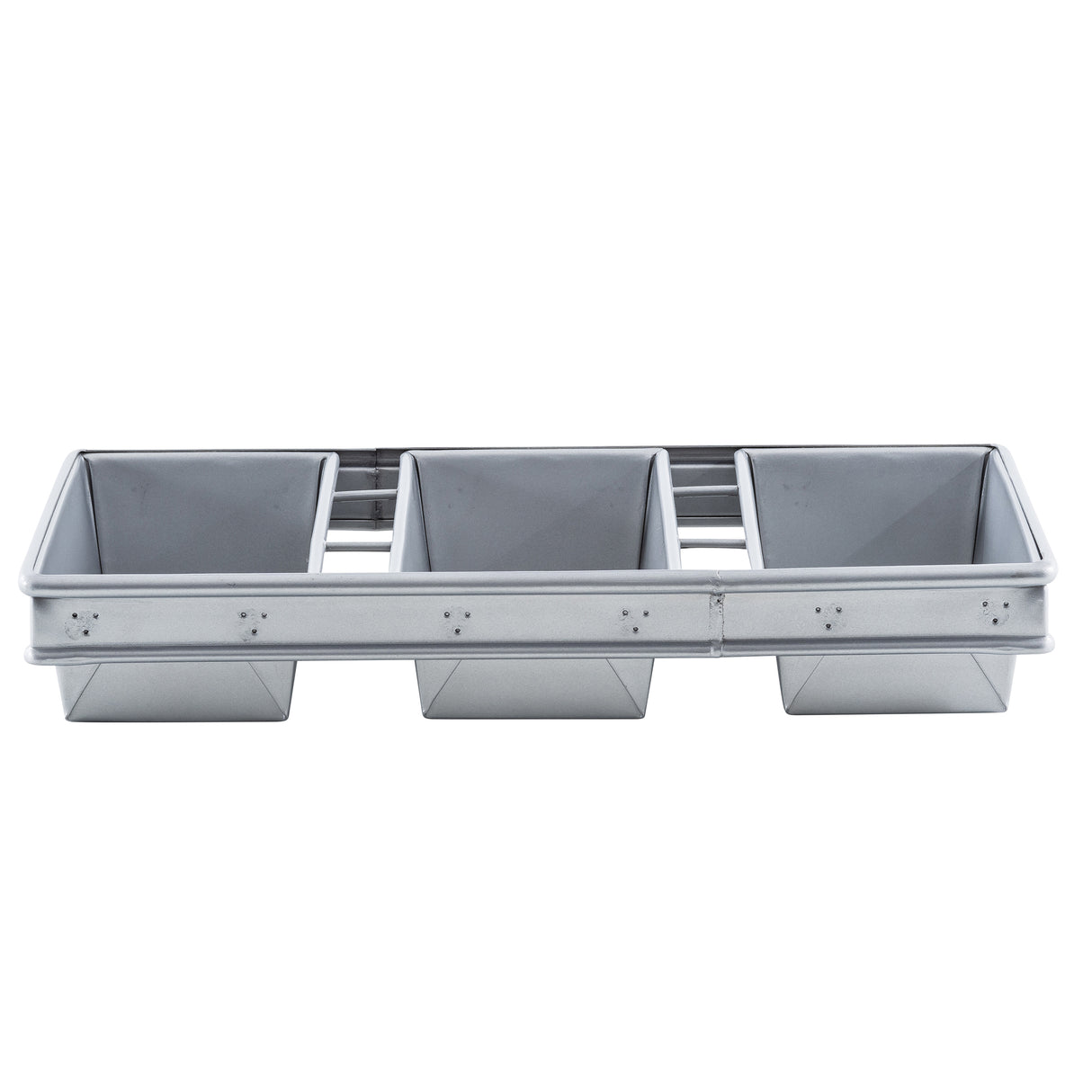 A rectangular aluminized steel bread pan divided into four equally sized square compartments, designed for baking multiple loaves or cakes at once. The pan has straight sides, a flat base, visible seams, and a durable non-stick coating.