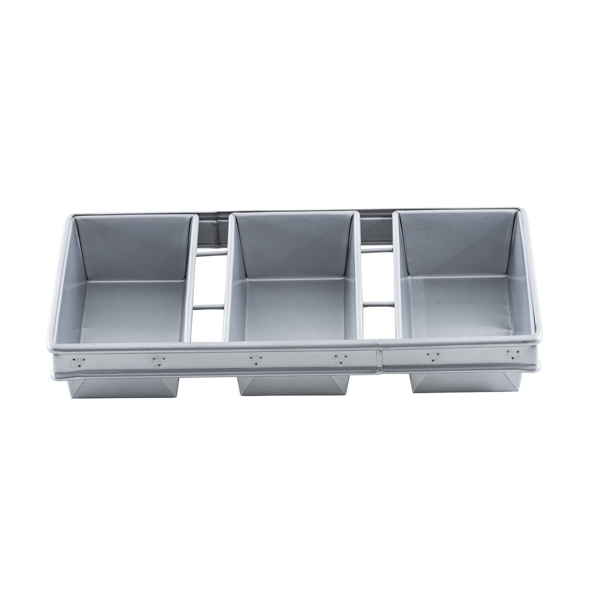A rectangular aluminized steel bread pan divided into four equal sections, each forming a separate loaf compartment. The silver pan features straight, smooth sides, a slightly raised outer rim, and a plain white background.