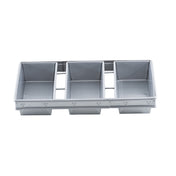 A rectangular aluminized steel bread pan divided into four equal sections, each forming a separate loaf compartment. The silver pan features straight, smooth sides, a slightly raised outer rim, and a plain white background.