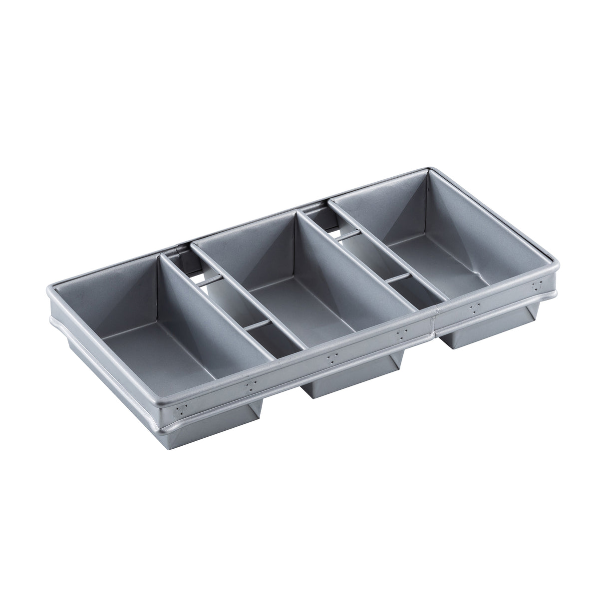 A gray plastic drawer organizer with five rectangular compartments of various sizes, arranged side by side. The sections are separated by raised dividers, ideal for utensils or bread pan accessories made from aluminized steel or non-stick coating. Smooth finish included.