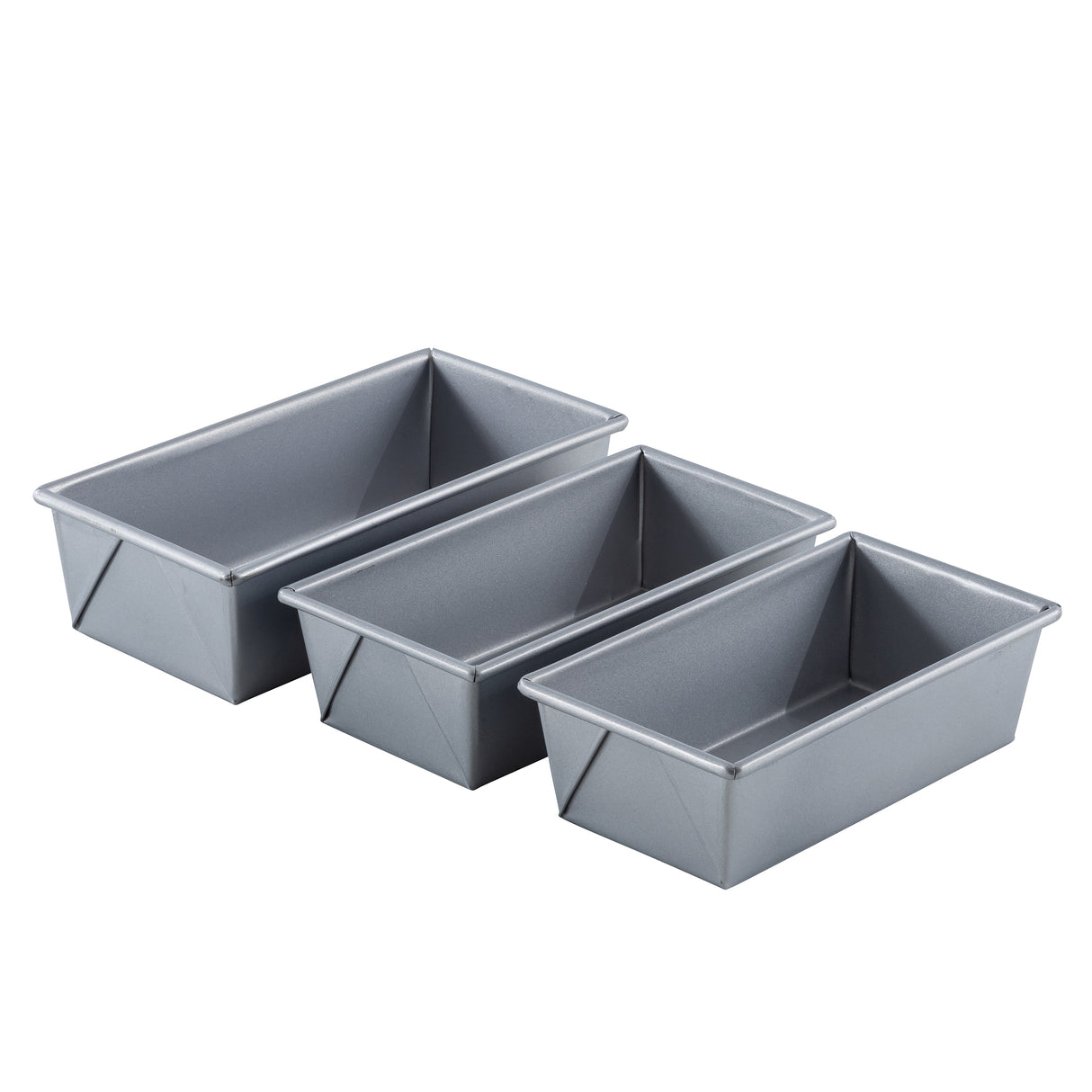 Three rectangular aluminized steel bread pans of varying sizes are nested together on a white background. Each pan has straight sides, slightly flared rims, and a smooth, shiny surface, clearly displayed from a front angle.