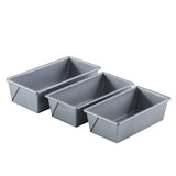 Three rectangular aluminized steel bread pans of varying sizes are nested together on a white background. Each pan has straight sides, slightly flared rims, and a smooth, shiny surface, clearly displayed from a front angle.