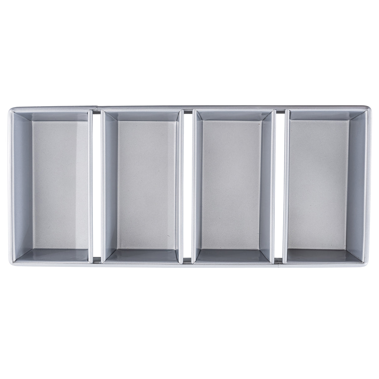 A rectangular silver tray, crafted from aluminized steel, is divided into four equal, vertical compartments by three raised dividers. Smooth, clean surfaces and straight edges define the pan, viewed from above against a white background.