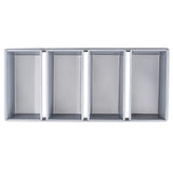 A rectangular silver tray, crafted from aluminized steel, is divided into four equal, vertical compartments by three raised dividers. Smooth, clean surfaces and straight edges define the pan, viewed from above against a white background.