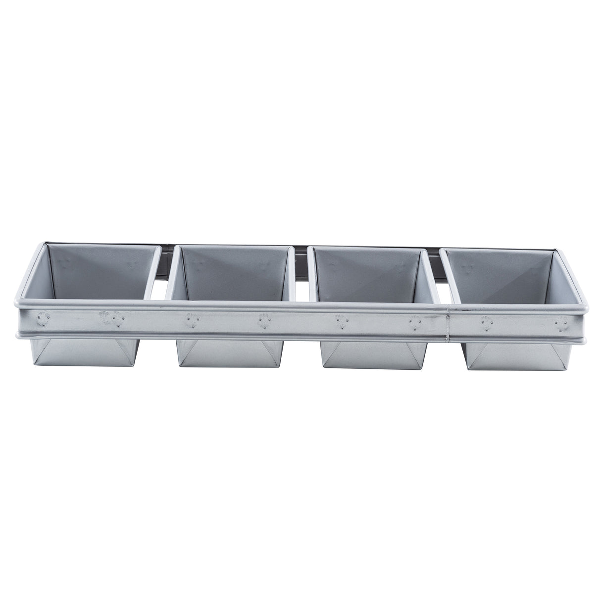 A rectangular aluminized steel bread pan with four square compartments in a row. Each compartment has straight edges, a smooth silver finish, and non-stick coating, perfect for baking individual square loaves or cakes. The tray appears clean and unused.