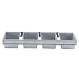 A rectangular aluminized steel bread pan with four square compartments in a row. Each compartment has straight edges, a smooth silver finish, and non-stick coating, perfect for baking individual square loaves or cakes. The tray appears clean and unused.