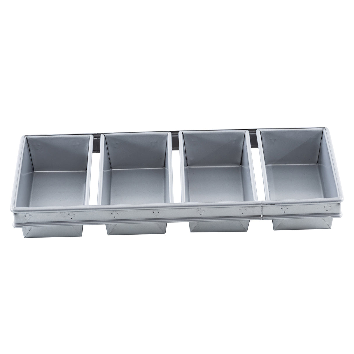 A rectangular aluminized steel bread pan features four evenly spaced, separate loaf-shaped compartments in a single row, designed for making multiple small breads or cakes at once. The silver pan has straight sides, smooth surfaces, and a durable non-stick coating.