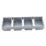 A rectangular aluminized steel bread pan features four evenly spaced, separate loaf-shaped compartments in a single row, designed for making multiple small breads or cakes at once. The silver pan has straight sides, smooth surfaces, and a durable non-stick coating.