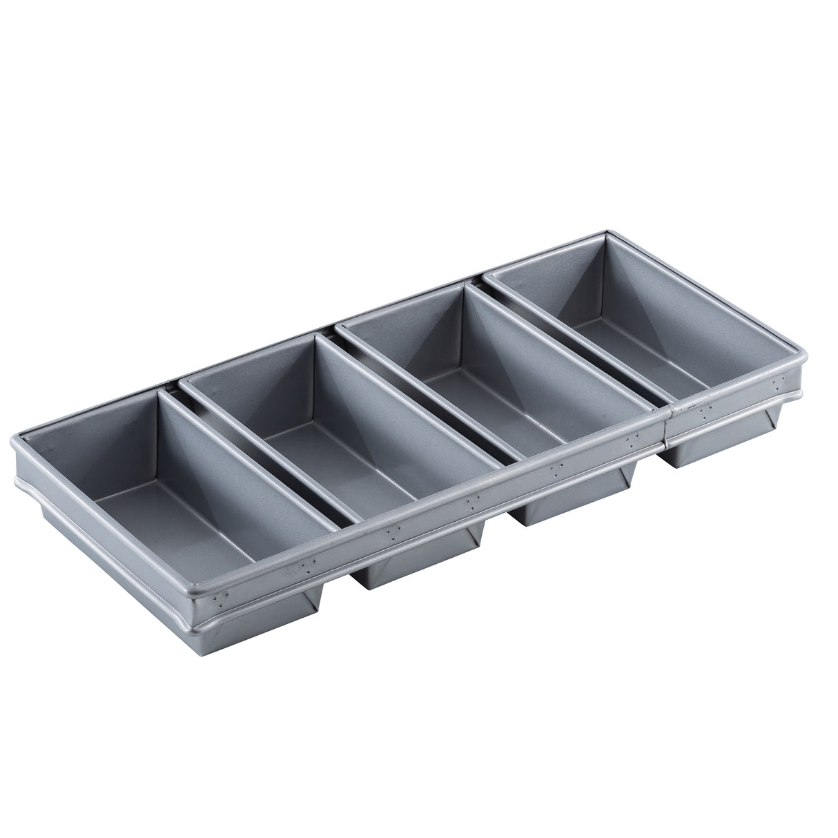 A rectangular, gray non-stick bread pan is divided into four separate compartments, each shaped like a loaf pan. The 4-loaf bread pan features straight sides, sharp corners, and a smooth surface. It is placed on a white background.