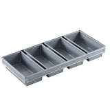A rectangular, gray non-stick bread pan is divided into four separate compartments, each shaped like a loaf pan. The 4-loaf bread pan features straight sides, sharp corners, and a smooth surface. It is placed on a white background.
