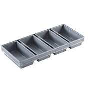 A rectangular, gray non-stick bread pan is divided into four separate compartments, each shaped like a loaf pan. The 4-loaf bread pan features straight sides, sharp corners, and a smooth surface. It is placed on a white background.