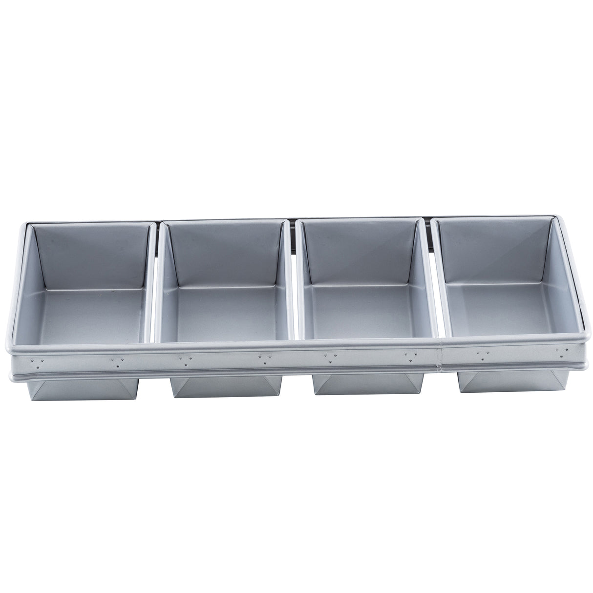 A rectangular 4-loaf bread pan with four separate, equally sized compartments arranged side by side in a single row, each deep and rectangular, designed for baking multiple loaves simultaneously.