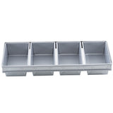 A rectangular 4-loaf bread pan with four separate, equally sized compartments arranged side by side in a single row, each deep and rectangular, designed for baking multiple loaves simultaneously.