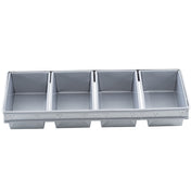 A rectangular 4-loaf bread pan with four separate, equally sized compartments arranged side by side in a single row, each deep and rectangular, designed for baking multiple loaves simultaneously.