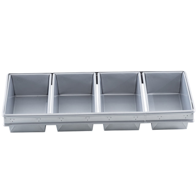 A rectangular 4-loaf bread pan with four separate, equally sized compartments arranged side by side in a single row, each deep and rectangular, designed for baking multiple loaves simultaneously.