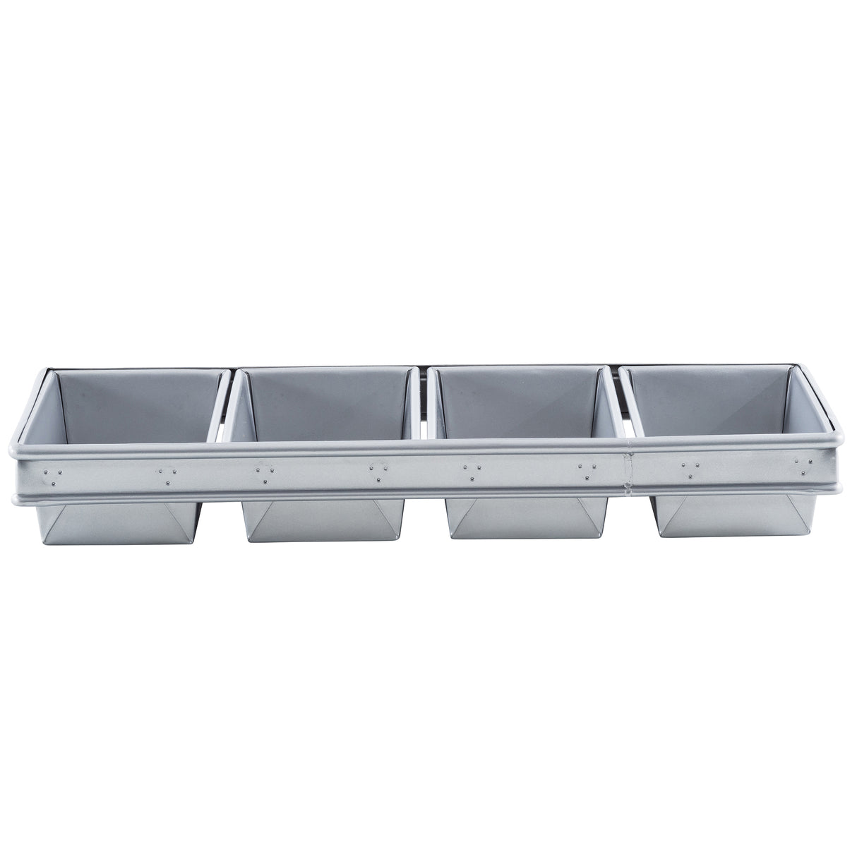 A 4-loaf bread pan with four rectangular compartments in a row, each with straight sides and slightly rounded corners, designed for baking multiple mini loaves or cakes at once. The pan has a shiny silver finish and is viewed from the front.