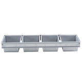 A 4-loaf bread pan with four rectangular compartments in a row, each with straight sides and slightly rounded corners, designed for baking multiple mini loaves or cakes at once. The pan has a shiny silver finish and is viewed from the front.