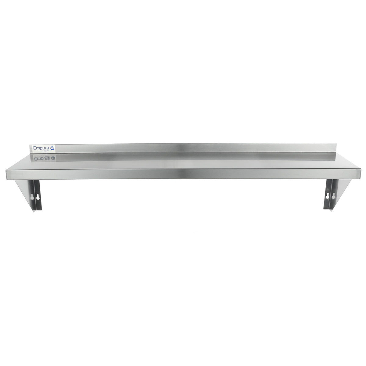 A stainless steel shelf with NSF certification, this wall mount storage shelf features a raised back edge, two triangular support brackets below, and a flat, smooth surface with a label on the left side, set against a plain white background.