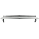 A stainless steel shelf with NSF certification, this wall mount storage shelf features a raised back edge, two triangular support brackets below, and a flat, smooth surface with a label on the left side, set against a plain white background.