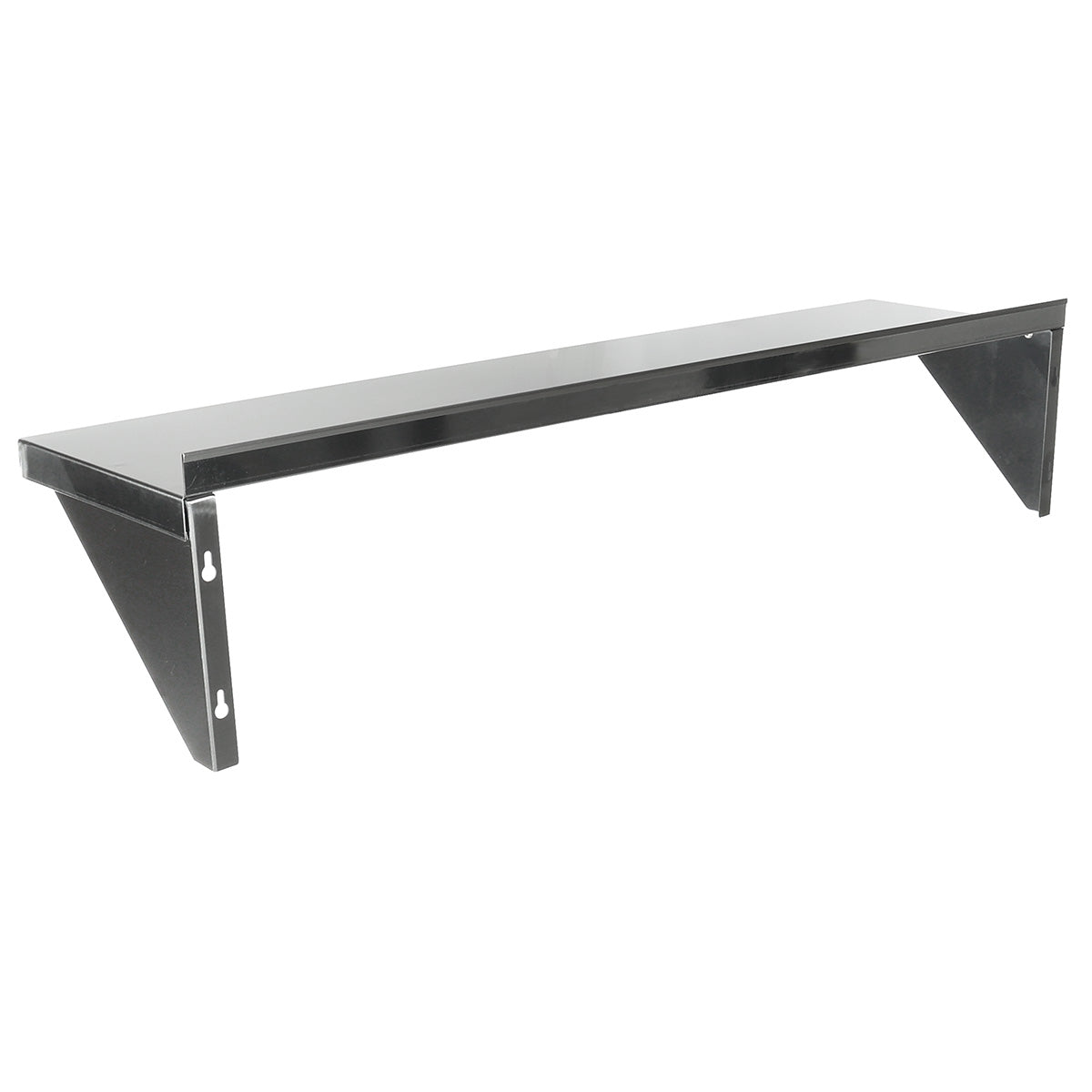 A black metal wall mount storage shelf with a rectangular flat top and two triangular side brackets, each featuring two mounting holes for secure installation. The simple, functional design is ideal for versatile storage or display in any space.