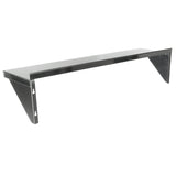 A black metal wall mount storage shelf with a rectangular flat top and two triangular side brackets, each featuring two mounting holes for secure installation. The simple, functional design is ideal for versatile storage or display in any space.