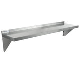 A stainless steel shelf with two triangular support brackets and a raised back edge. NSF certified, this wall mount storage shelf features a polished surface and an Empura brand label, making it ideal for commercial or kitchen use.