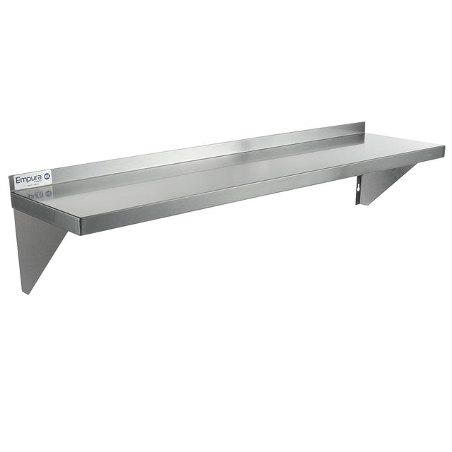 A stainless steel shelf with two triangular support brackets and a raised back edge. NSF certified, this wall mount storage shelf features a polished surface and an Empura brand label, making it ideal for commercial or kitchen use.