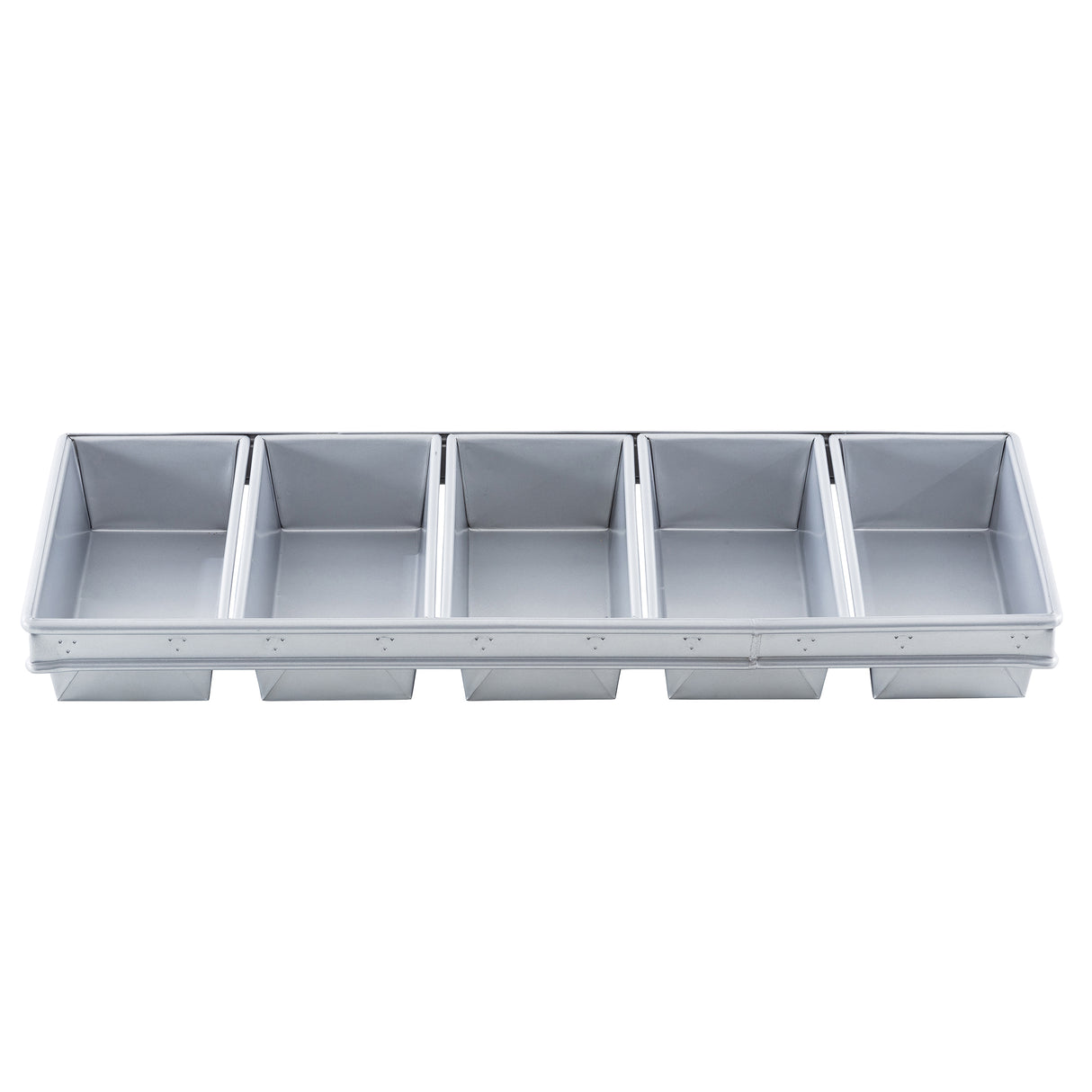 A gray plastic organizer tray with five equal rectangular compartments in a single row, viewed from above. Inspired by the layout of a 6-loaf strapped Bread Pan, it's perfect for sorting or storing small items. The tray is empty and has straight sides.