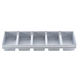 A gray plastic organizer tray with five equal rectangular compartments in a single row, viewed from above. Inspired by the layout of a 6-loaf strapped Bread Pan, it's perfect for sorting or storing small items. The tray is empty and has straight sides.