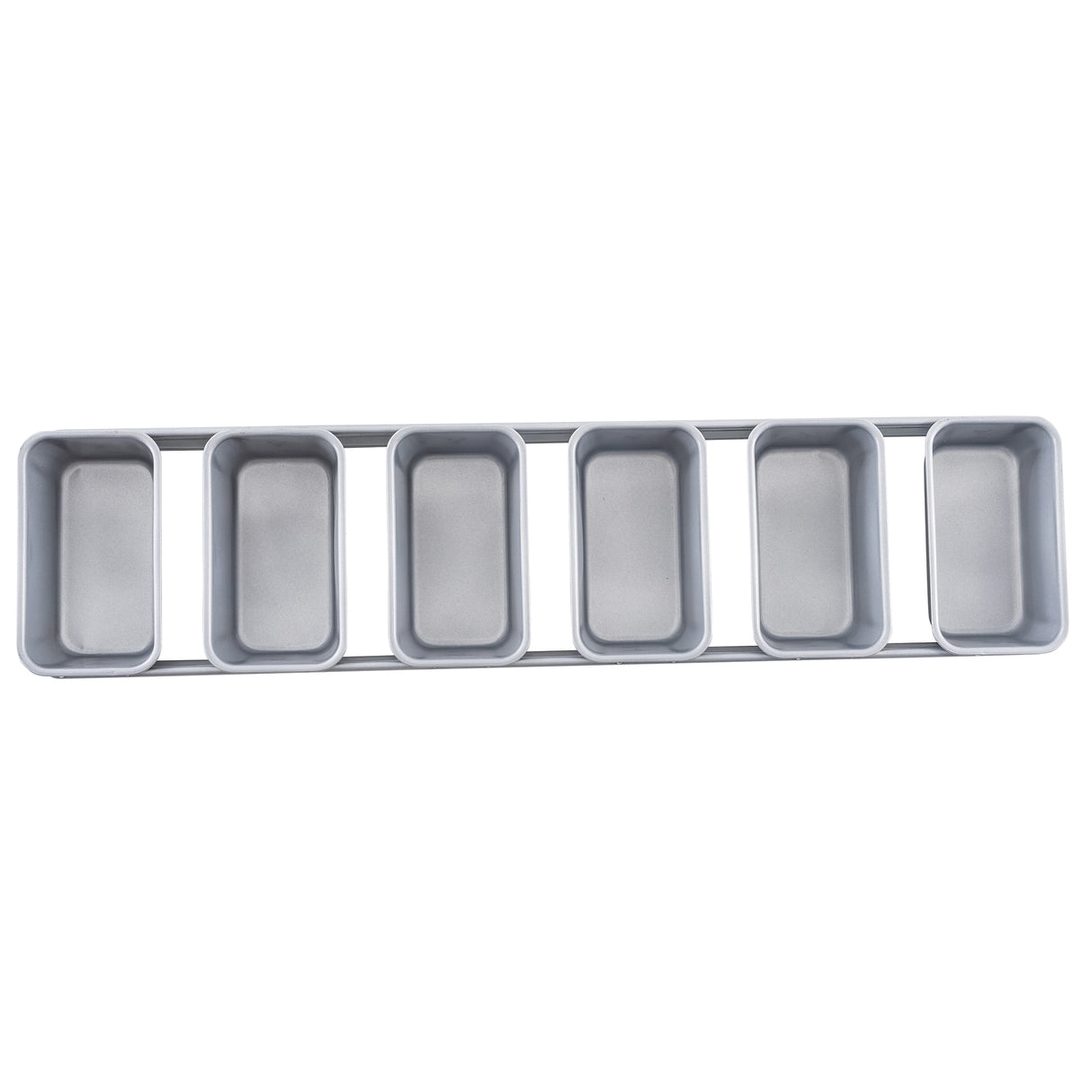 A silver non-stick bread pan with six connected rectangular loaf molds arranged in a single row, viewed from above. Each mold has straight sides and rounded corners, separated by metal dividers within a long rectangular frame.