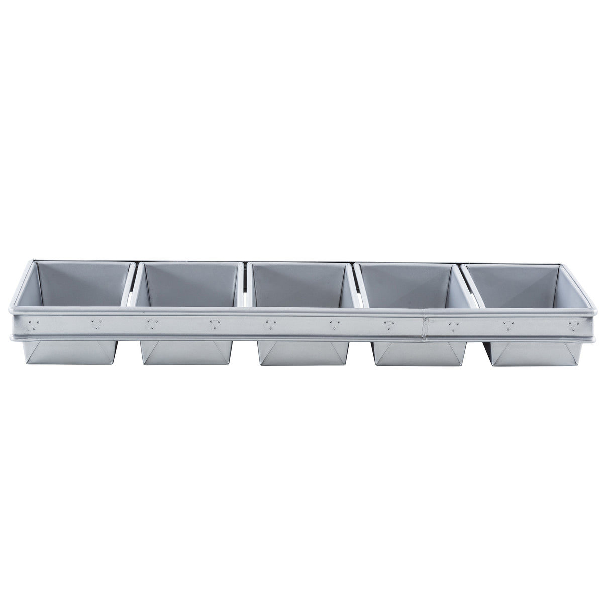 A silver metal Bread Pan with five square compartments arranged in a single row, designed for baking individual loaves or cakes. The pan features a shiny, silicone glazed non-stick surface and each compartment has straight, even sides.