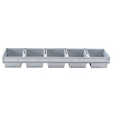 A silver metal Bread Pan with five square compartments arranged in a single row, designed for baking individual loaves or cakes. The pan features a shiny, silicone glazed non-stick surface and each compartment has straight, even sides.