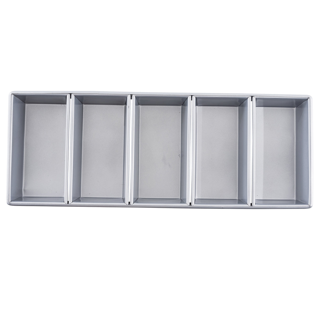 A rectangular silver organizer tray with five equal vertical compartments, seen from above. Featuring clean lines like a Bread Pan, it’s ideal for sorting office supplies or utensils. Its silicone glazed non-stick surface ensures easy cleaning; the interior appears empty.