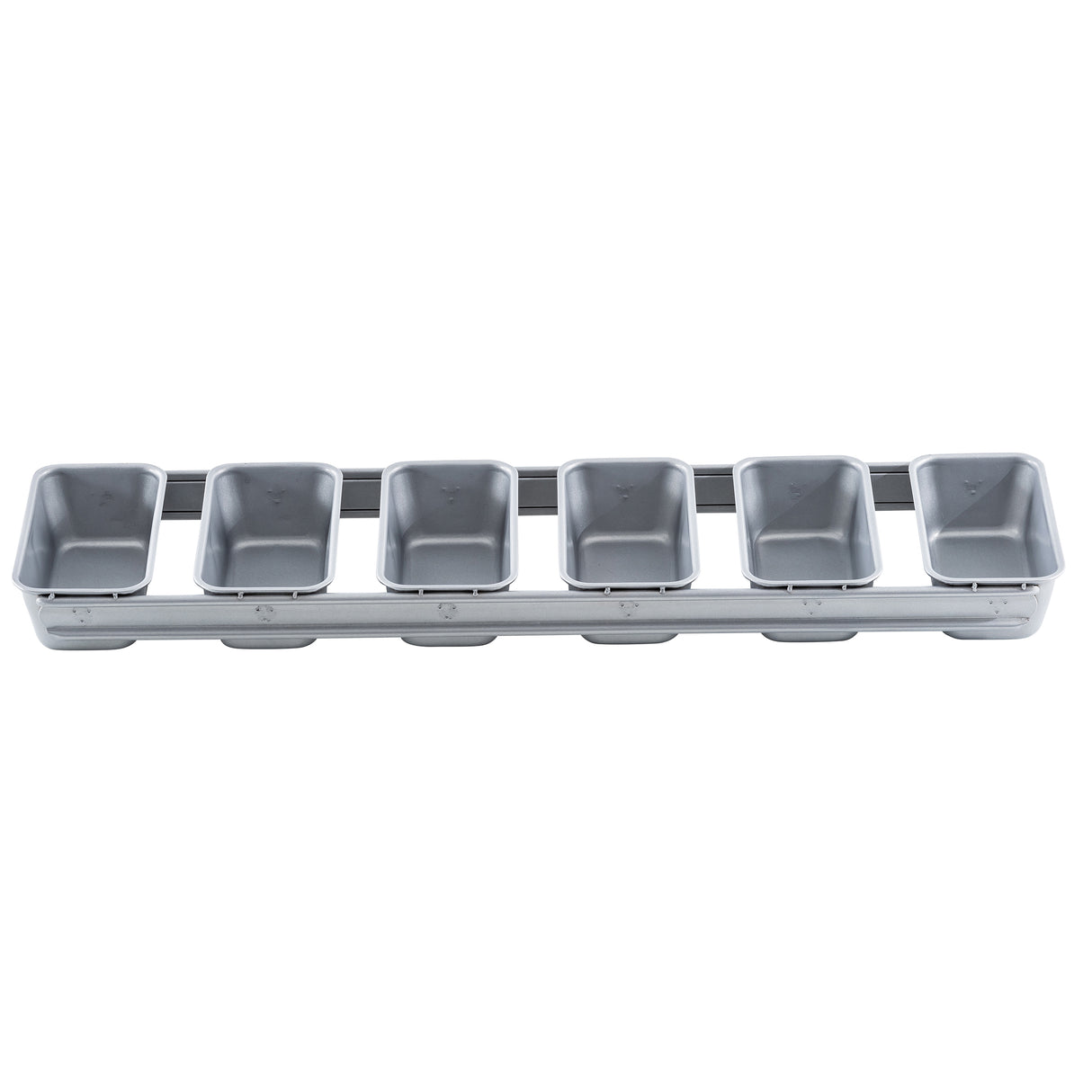 A silver non-stick bread pan features six rectangular compartments in a single row, each with straight sides and rounded corners. The clean, empty tray is photographed on a white background.