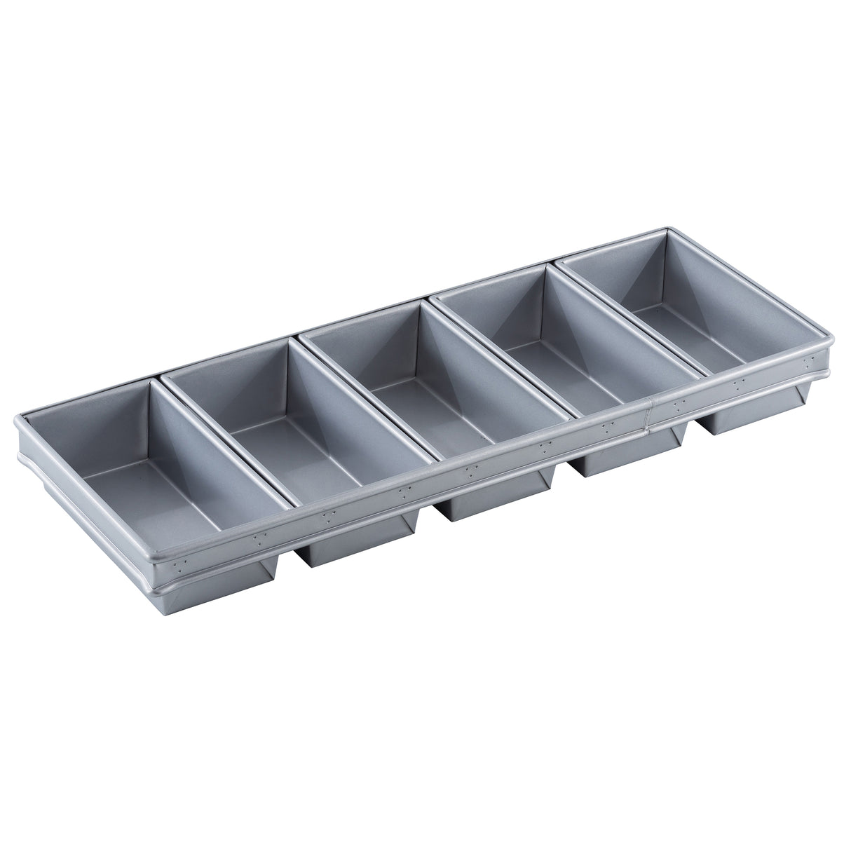 A silver 6-loaf strapped Bread Pan featuring five connected rectangular compartments with raised dividers. Its silicone glazed non-stick surface makes it ideal for baking multiple loaves or cakes at once.