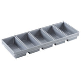 A silver 6-loaf strapped Bread Pan featuring five connected rectangular compartments with raised dividers. Its silicone glazed non-stick surface makes it ideal for baking multiple loaves or cakes at once.
