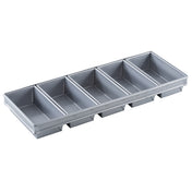 A silver 6-loaf strapped Bread Pan featuring five connected rectangular compartments with raised dividers. Its silicone glazed non-stick surface makes it ideal for baking multiple loaves or cakes at once.