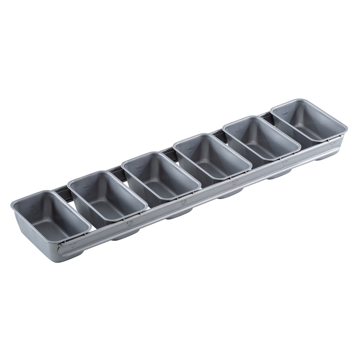 A long, silver non-stick bread pan with eight evenly spaced, rectangular loaf molds joined together in a single row, viewed from a slight angle on a white background.