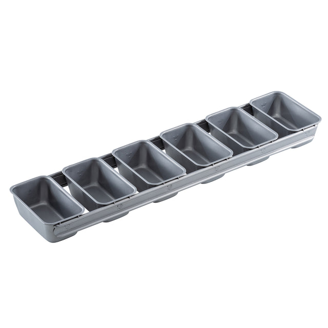 A long, silver non-stick bread pan with eight evenly spaced, rectangular loaf molds joined together in a single row, viewed from a slight angle on a white background.