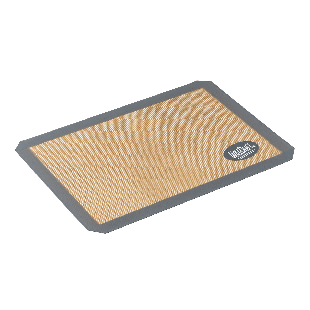A rectangular half size silicone baking mat with a tan center and dark gray border, lying flat on a white background. The mat has a small round logo in one corner. Ideal for lining baking sheets for nonstick cooking.