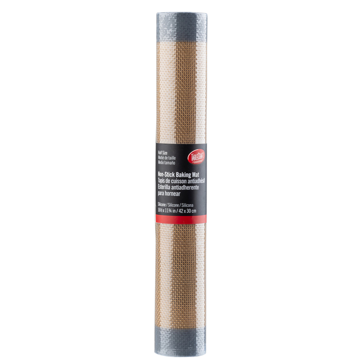 A rolled-up, rectangular half size baking mat made of beige silicone with a gray border. The mat is wrapped with a black and red label displaying product information in multiple languages. The background is plain white.