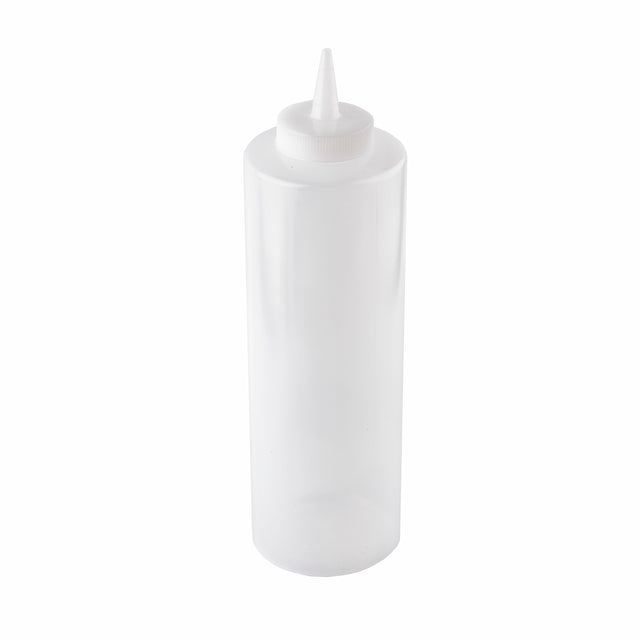 A clear, empty 24 oz squeeze bottle with a narrow pointed tip and a white screw-on cap, shown upright against a plain white background. This cylindrical bottle is dishwasher safe and typically used for condiments or sauces.