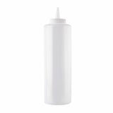 A clear, empty 24 oz Squeeze Bottle with a white pointed nozzle cap stands upright against a plain white background. Cylindrical and smooth, it’s commonly used for condiments like ketchup or mustard. Made in USA.
