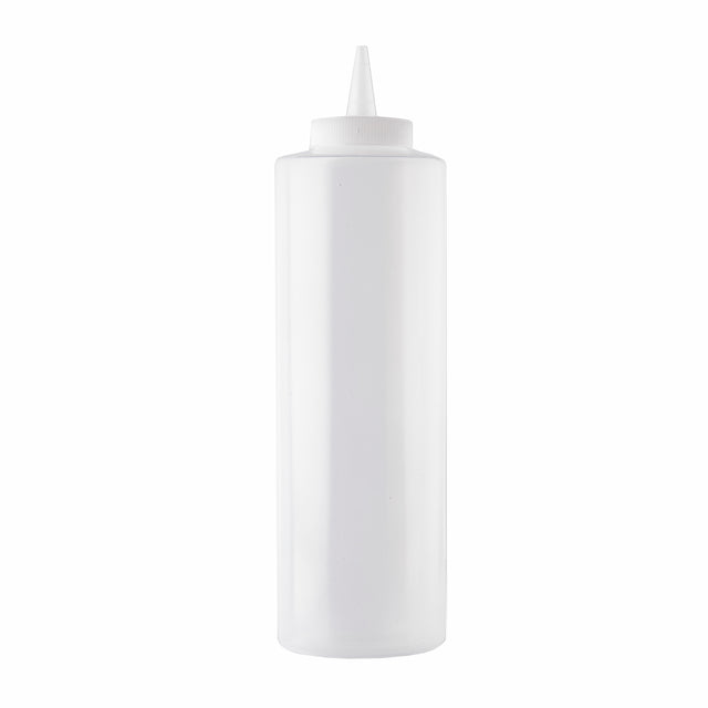 A clear, empty 24 oz Squeeze Bottle with a white pointed nozzle cap stands upright against a plain white background. Cylindrical and smooth, it’s commonly used for condiments like ketchup or mustard. Made in USA.