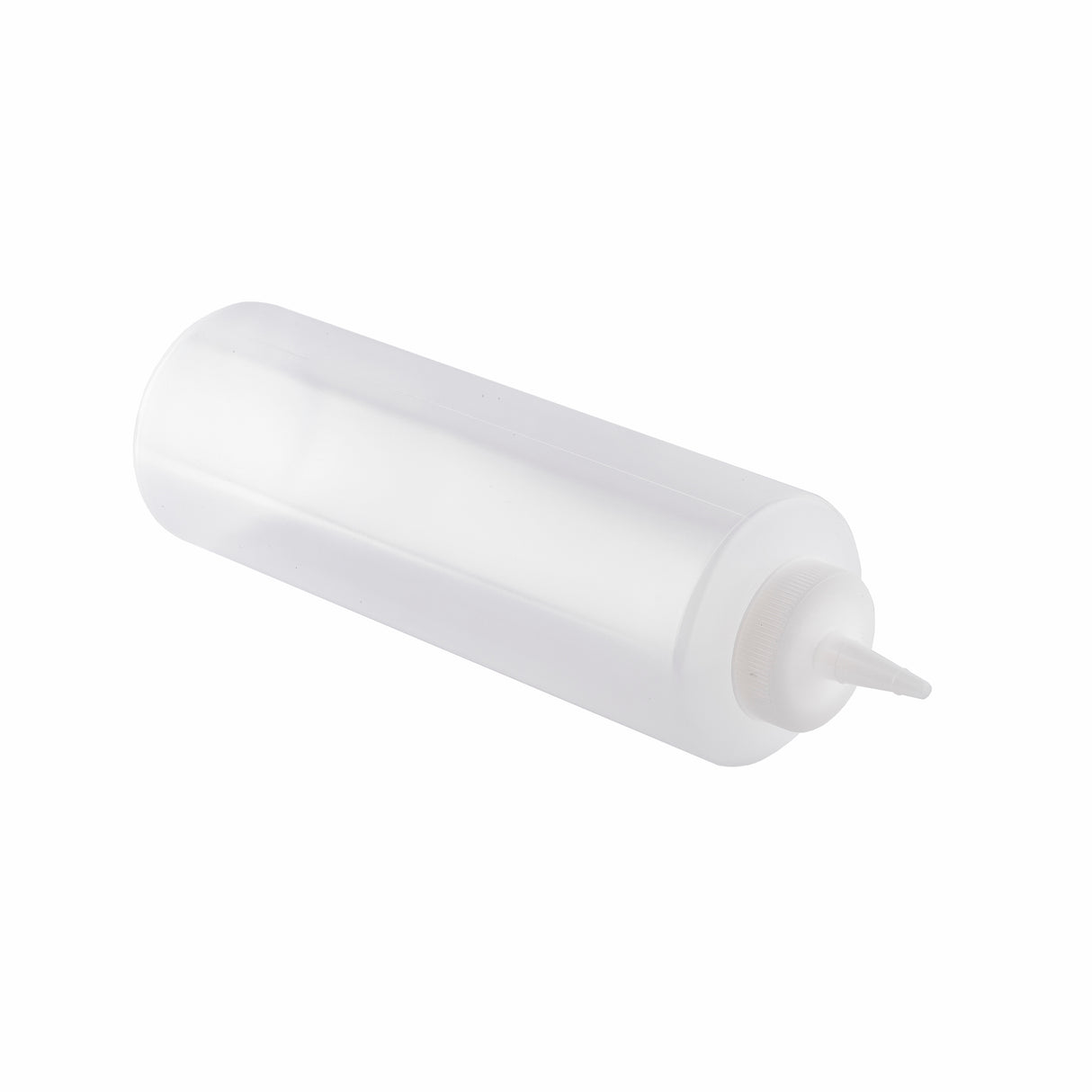 A translucent, cylindrical 24 oz squeeze bottle with a pointed nozzle tip and screw-on cap, lying diagonally on a plain white background. The empty, unlabelled bottle is dishwasher safe and ideal for dispensing condiments or sauces.