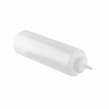 A translucent, cylindrical 24 oz squeeze bottle with a pointed nozzle tip and screw-on cap, lying diagonally on a plain white background. The empty, unlabelled bottle is dishwasher safe and ideal for dispensing condiments or sauces.