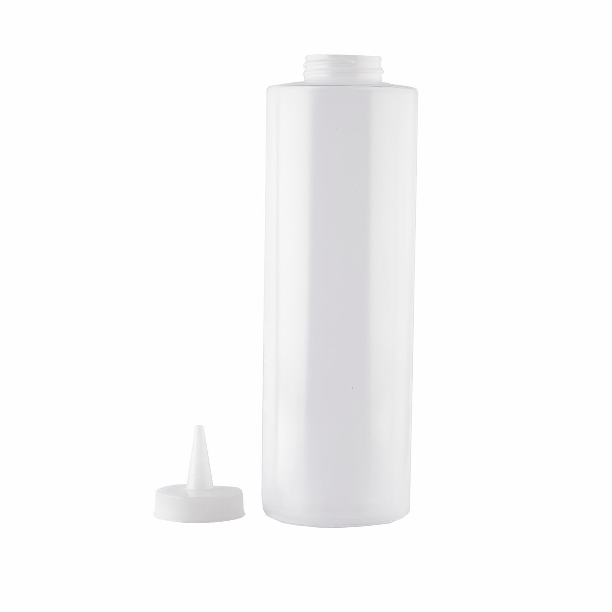 A translucent, cylindrical 24 oz squeeze bottle stands upright with its pointed nozzle cap removed and placed to the left. The bottle has a narrow neck and the cap features a small, tapered spout for controlled dispensing. The background is white.