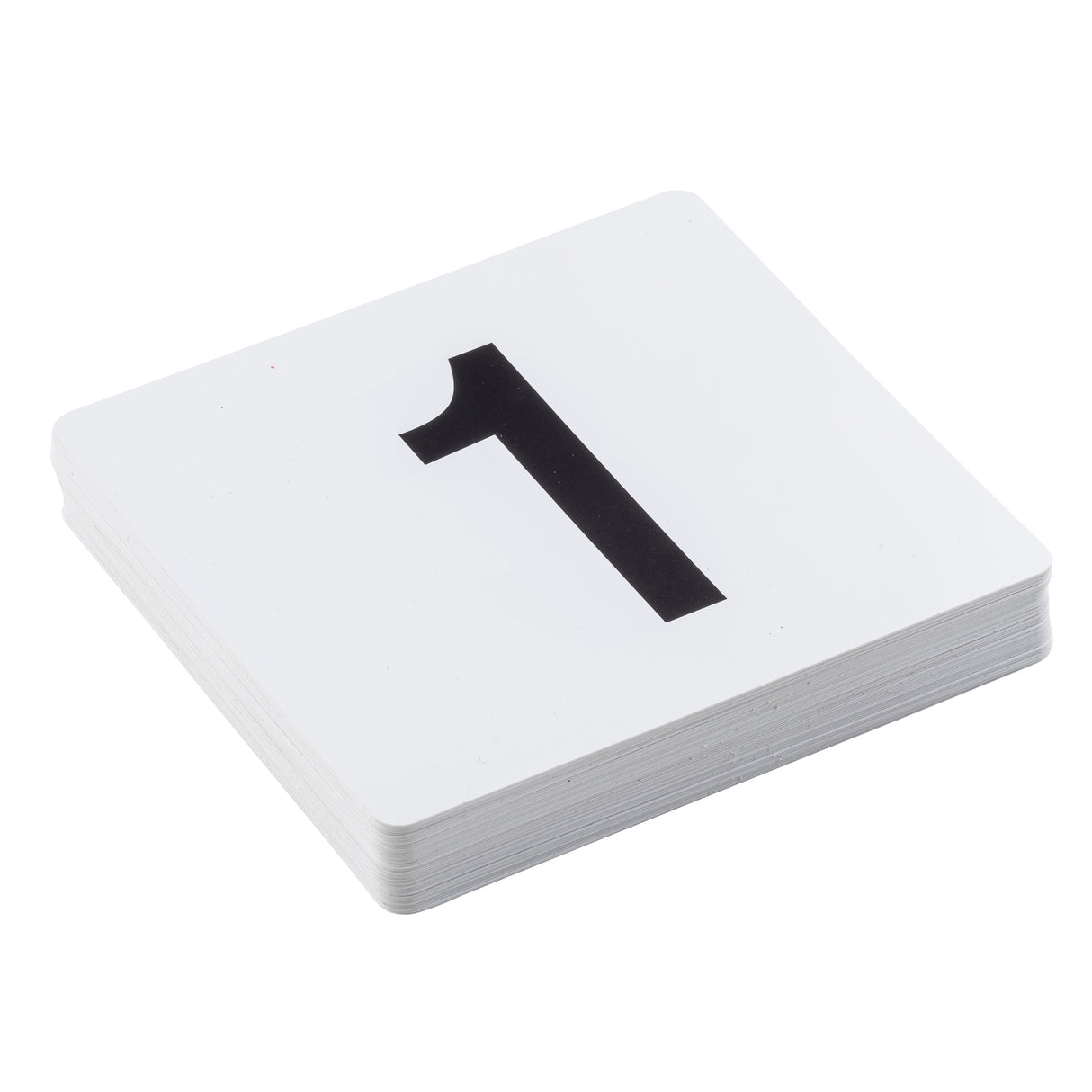 A stack of white PVC number cards lies on a white surface. The top card displays a large, bold black number 1 centered on it. The visible edges reveal multiple table numbers beneath the top card.