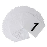 A fanned-out stack of blank PVC number cards is displayed, with the top card showing a large black number 1 in bold font. The other number cards are blank, creating a curved, layered pattern ideal for table numbers.